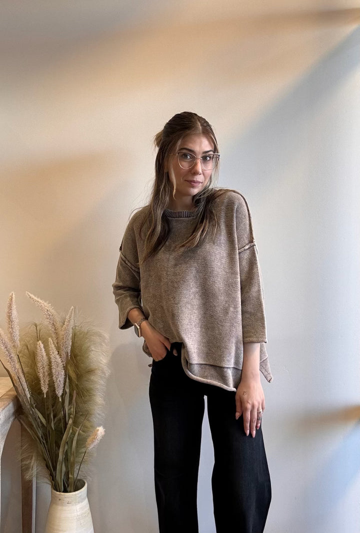 Zoe Washed 3/4 Sleeve Sweater Top