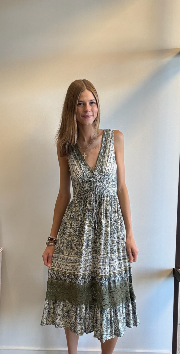 Polly Tie Back Crochet Trim Midi Dress