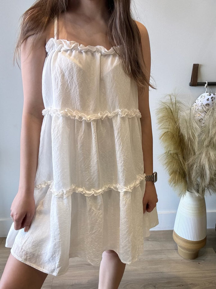 Kayley White Ruffle Tiered Mini Dress