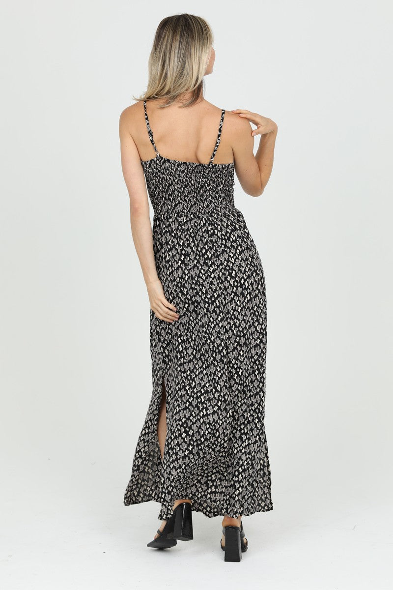 cactus print maxi dress Lela Rose Printed Cotton Draped Shoulder Pleated Dress