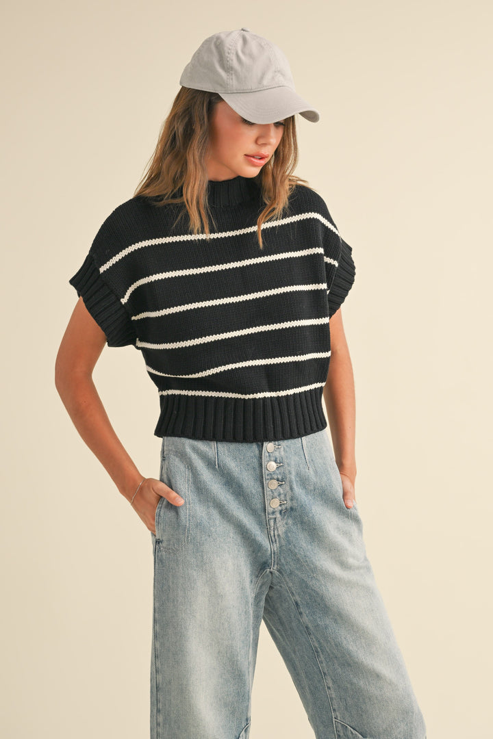 Eslie Stripe Mock Neck Crop Sweater