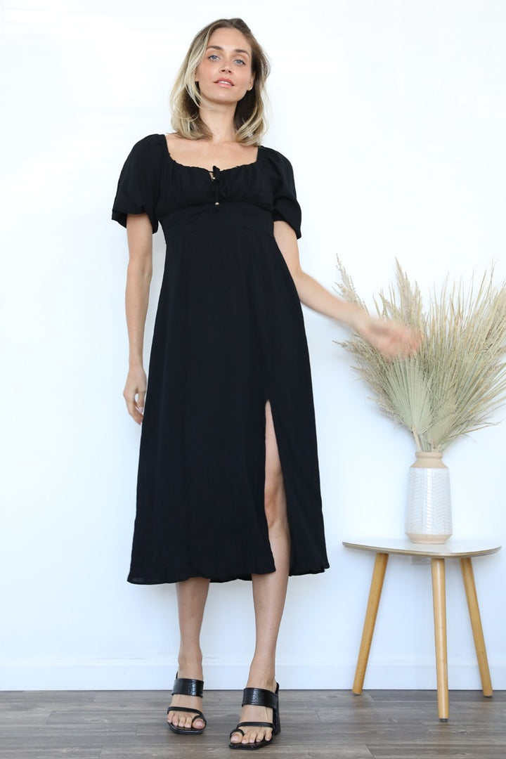 Els Tie Front Midi Black Dress